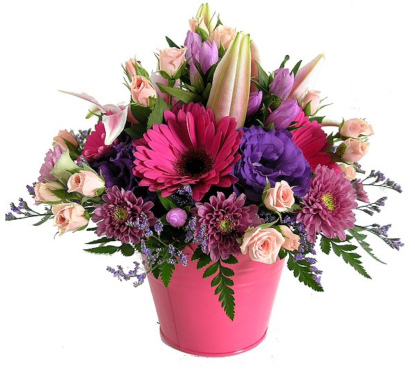 Pink and purple flowers in a ceramic vase