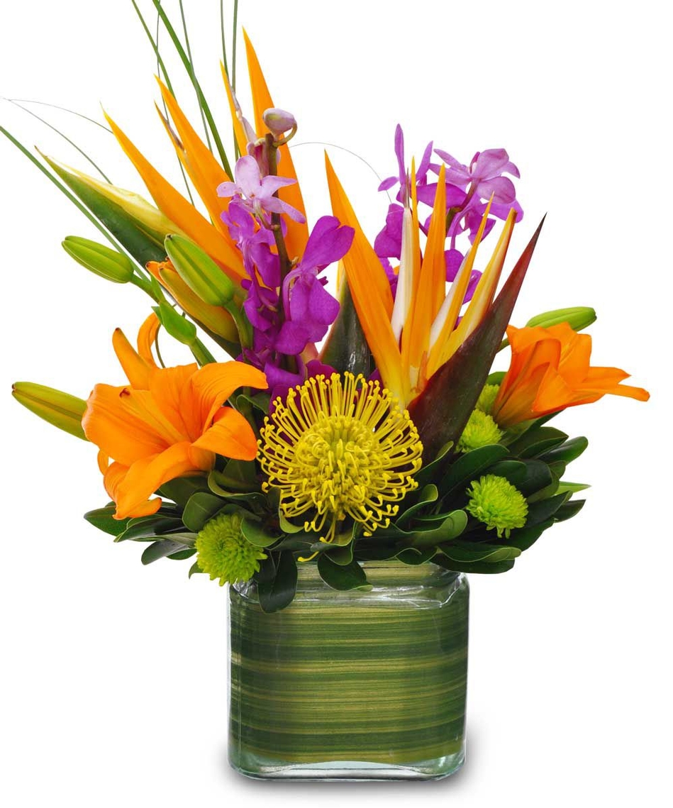 Colorful tropical flower arrangement in a vase