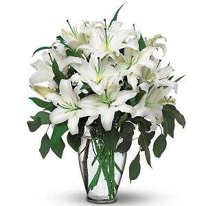 Monochromatic white lily arrangement